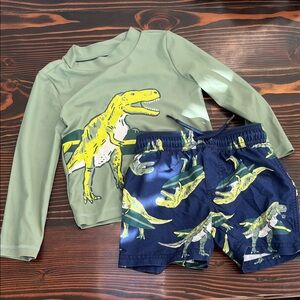 Kids Sage Green Dino Rashguard Set with Navy Dino Swim Shorts